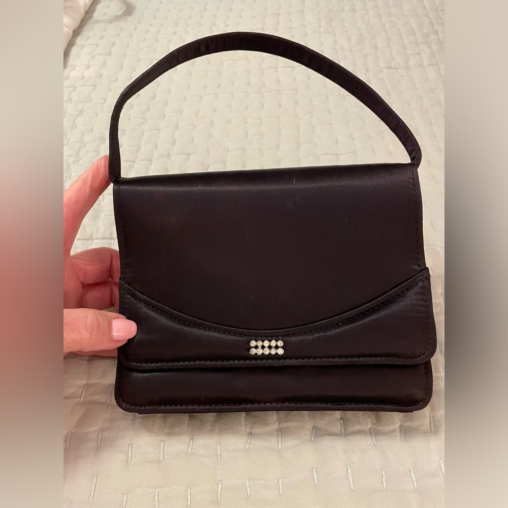 Black Satin evening bag with rhinestone clasp. Short strap.
